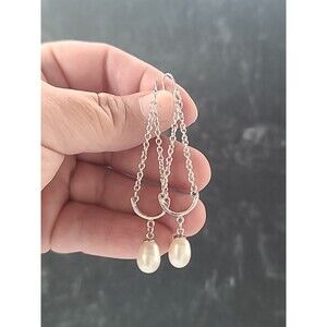 925 Sterling Silver Real Pearl Beaded Dangling Earrings Vintage